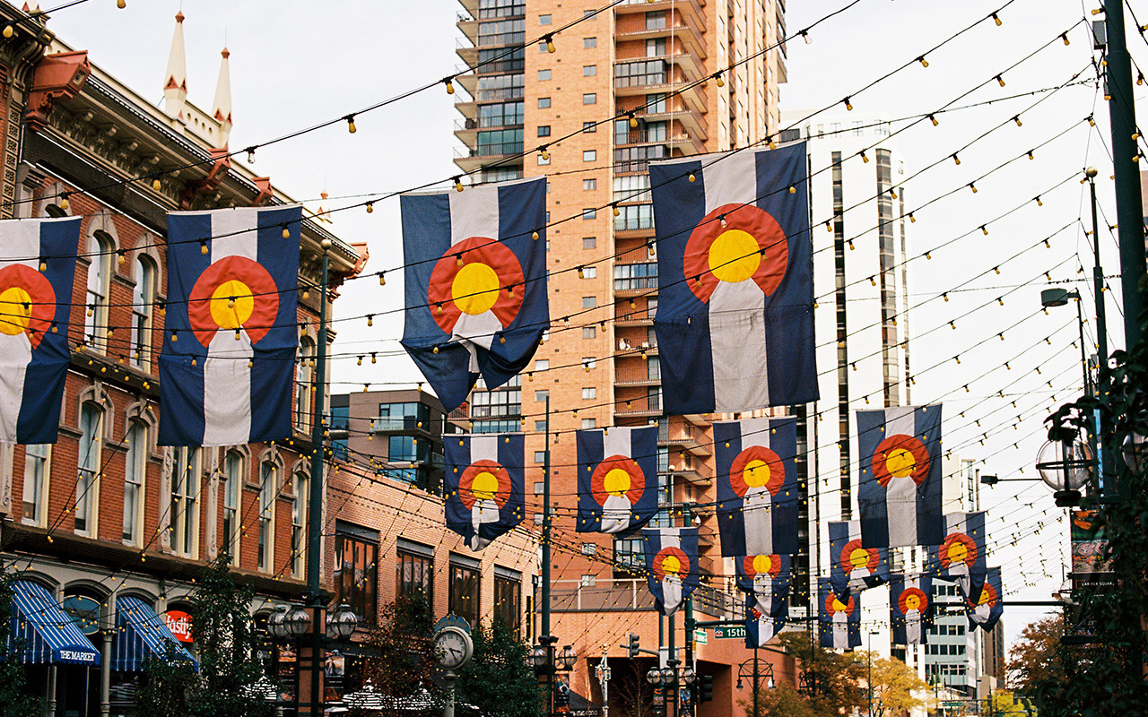 Colorado flags hanging in plaza